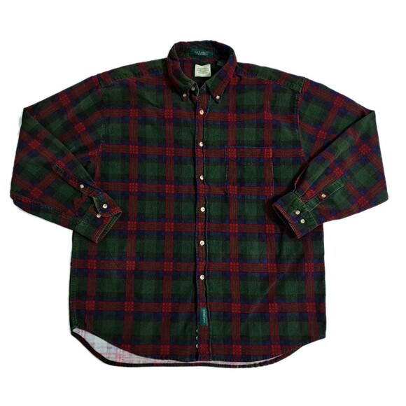 Corduroy Shirt Mens Large Red Green Button Up Check GH Bass Vintage Tartan - Picture 1 of 7